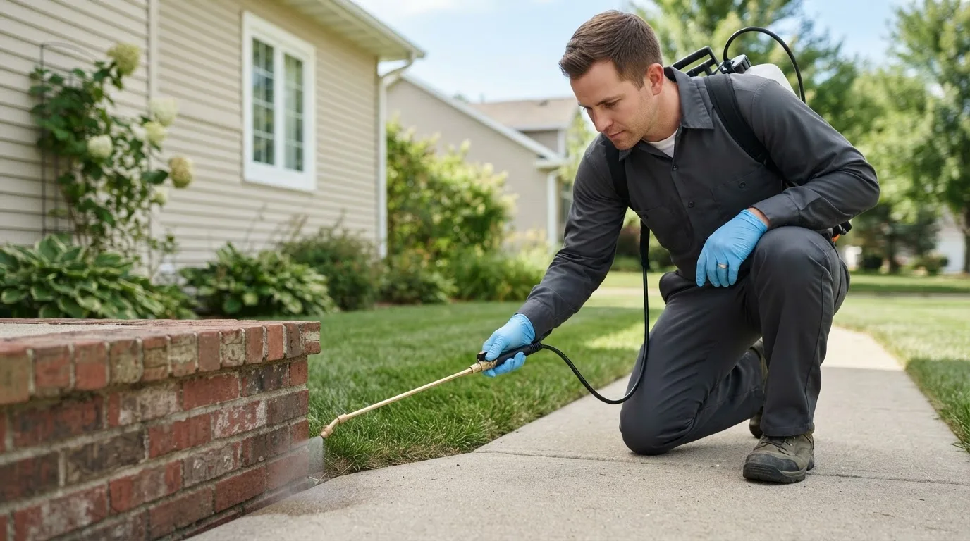 Pest control technician treating a home near Bosque Farms, NM